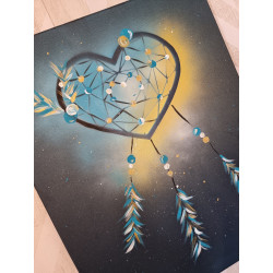 Toile Attrape Rêves Coeur - turquoise et doré