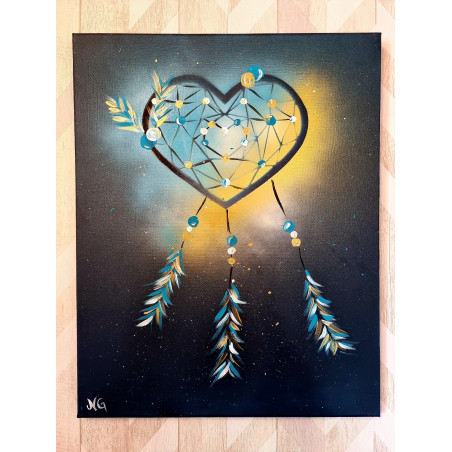 Toile Attrape Rêves Coeur - turquoise et doré
